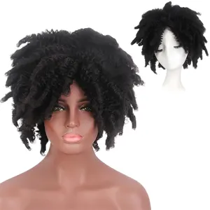 Wig Afro Bob WANITA HITAM, Wig Afro Bob keriting ikal putar wanita warna hitam tahan api sintetis dengan poni