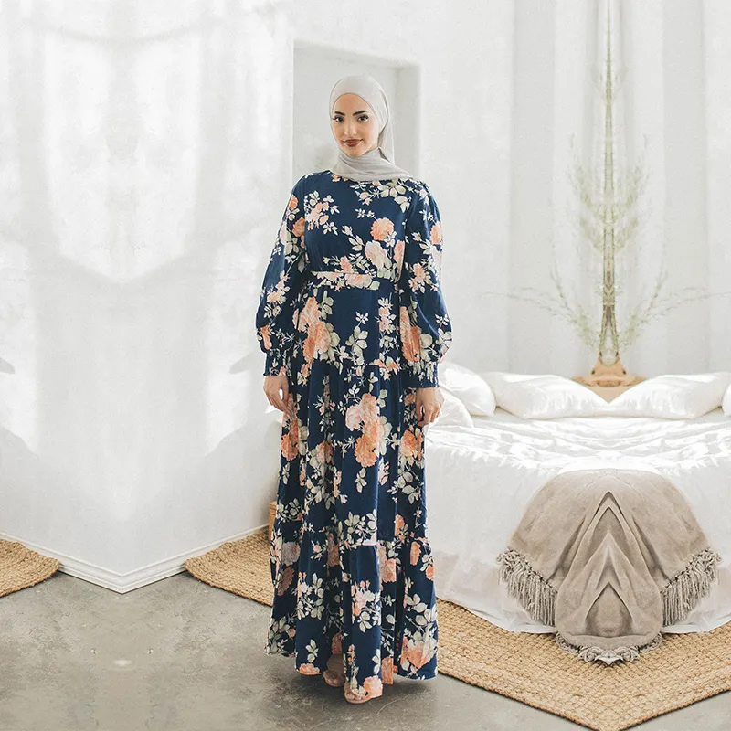 Personalizado musulmán estampado completo floral vestido largo bata mujeres modesto azul marino islámico ropa vestido para mujeres