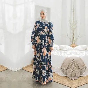 Custom muslim full print floral long dress smock women modest navy blue islamic clothing dress for women