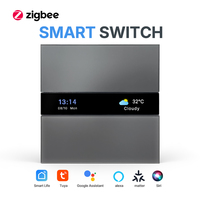Interrupteur mural intelligent Zigbee 2 gangs avec affichage de l'heure et du temps, bouton tactile en verre trempé gris effet peau, contrôle sans fil (sans fil sous tension)