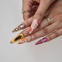 Zomerse tropische papaja 3D bloemen opzetnagels imitatie-fruit kleurrijke strass steentjes schelp gouden folie zoete vakantie-gevoel nagels