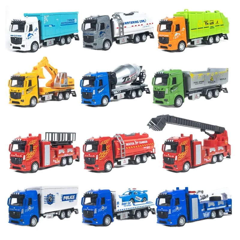 customized 1: 50 scale emulation pull back model vehicle Police fire trucks diecast alloy engineering truck for kids