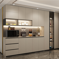 Armoire de cuisine moderne à LED avec étagères ouvertes en verre sans poignées, beige, noir, MDF, pour salle à manger