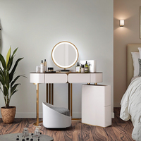 Coiffeuse escamotable de luxe nordique avec miroir de maquillage à LED, rangement et panneau en bois, style moderne pour chambre à coucher