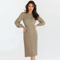 Robe longue décontractée plissée en maille pour femme, collection automne-hiver 2022, manches longues, col rond, couleur unie, ceinture en dentelle, coupe droite naturelle