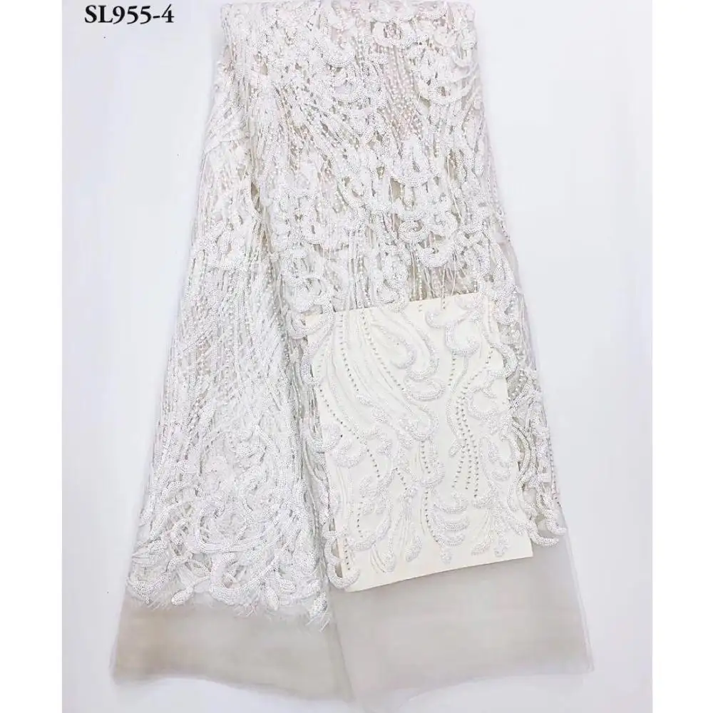 Elegante flor brocado blanco tela de encaje boda nigeria 3d tela de encaje cuentas diseños únicos francés encaje