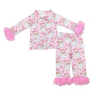 Christmas Pink <b>Santa</b> Print Matching Pajamas Sets Long Sleeve Button-Up Top Pants with Fur Trim for <b>Women</b> Kids Family <b>Outfits</b> - Product Image 2