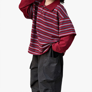 Camiseta Casual sin Mangas con Cuello Polo a Rayas y Bloques de Color Estilo Japonés para Niñas, Novedad de Otoño, Top Holgado de Manga Corta a la Moda - Product Image 4