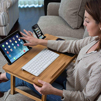 Table d'appoint moderne pliable en bambou avec surface en PU, support portable pour ordinateur portable et support de bureau réglable avec tiroir pour lit