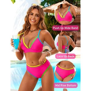 Conjuntos de bikini sexys para mujer, traje de baño de dos piezas con bloques de color, top triangular push-up y braga de talle medio cheeky. - Product Image 4