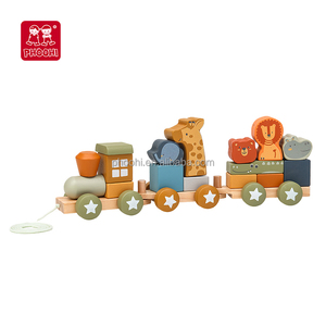 Bambini educazione prescolare cogintivo abbinamento giocattolo in legno animale accatastamento treno tirare lungo il treno di blocco - Product Image 2