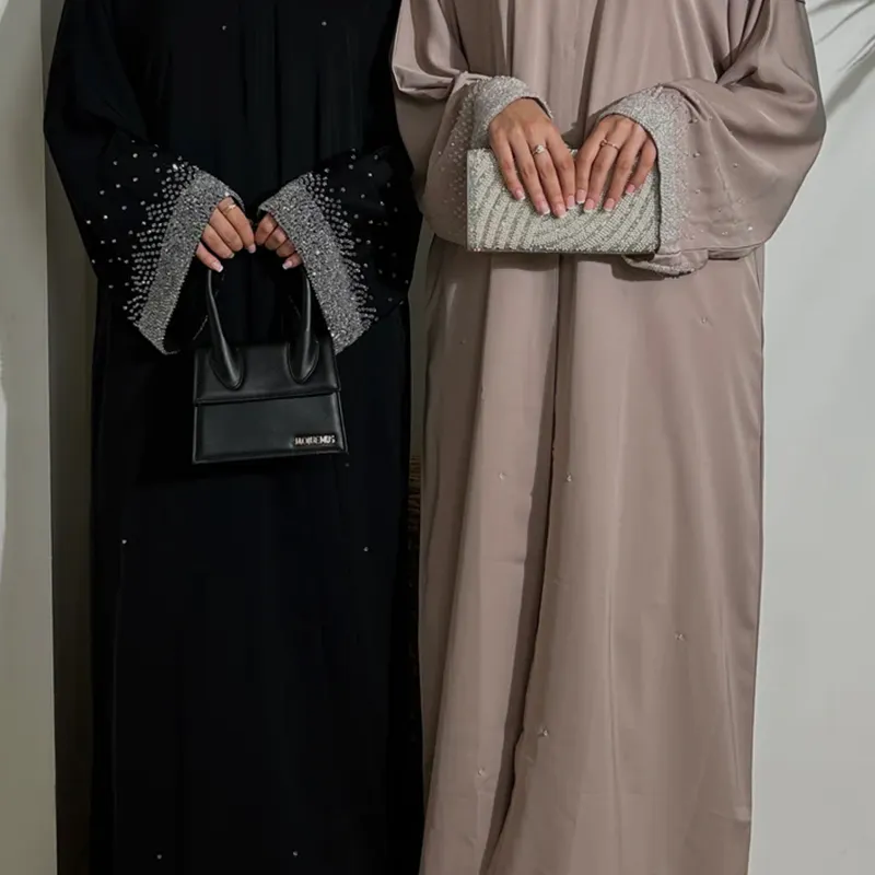 Nieuwste Dubai Kalkoen Elegante Custom Kaftan Bescheiden Jurk Dubai Abaya Vrouwen Moslim Jurk Diamanten Mouw Open Kimonos Abaya