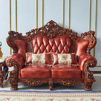 Europäischer Stil Hotel-Villa Echtleder-Sofagarnitur, Vintage Massivholz Geschnitztes Sofa, Königliche Hochwertige Luxusmöbel