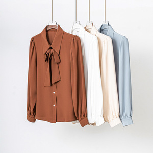 Women's White Ribbon Bow Blouse Solid Color Chiffon Office Wear Long Sleeve Formal Shirt - Product Image 2