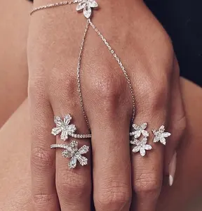 Promosi Cincin Bunga Perak Micro Pave Putih Berkilau Cz Dua Bunga Daisy Perhiasan Jari Penuh