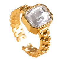 Bagues de mode en gros, nouveauté, plaquées or 18 carats, en acier inoxydable, en forme de chaîne de montre, incrustées de zircon, ouvertes, pour femmes