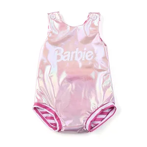 2024夏季新款粉色闪亮金属条纹儿童学步女孩一体式沙滩泳衣可逆儿童泳衣