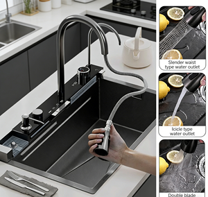 Fregadero de cocina moderno con pantalla LED, control táctil, acero inoxidable, grifo con efecto cascada y pantalla de tiempo - Product Image 1