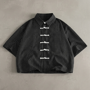 Camisa <span class=keywords><strong>a</strong></span> Cuadros Estilo Tang Chino Retro TOPSHOW para Hombre, con Botones, Manga Corta, Casual, Holgada - Product Image 1