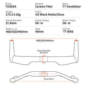 TOSEEK-<span class=keywords><strong>Guidon</strong></span> de vélo de route TT20 en fibre de <span class=keywords><strong>carbone</strong></span>, accessoire VTT - Product Image 2