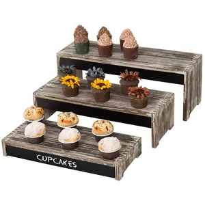 Rustic kayu Torched ritel barang dagangan Display riser Cupcake makanan penutup berdiri dengan papan tulis Set 3