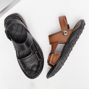 First Layer Cowhide Men's <b>Flat</b> <b>Sandals</b> Open Toe Buckle Strap Anti Slip Rubber Sole Summer Casual Solid Color Genuine Leather - Product Image 3