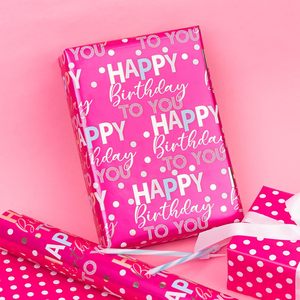 Papel de Regalo Rosa con Puntos, Doble Cara Metalizado, para Regalos y Manualidades, Feliz Cumpleaños - Product Image 1
