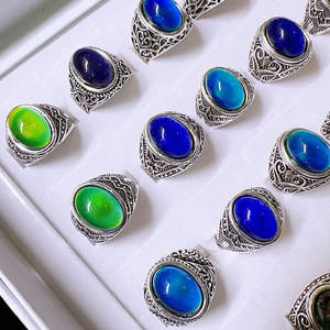 Etnische stijl vergulde ring met ingelegde natuursteen, retro geometrisch, voor de wijsvinger, stemmingssensitief, edelsteenring - Product Image 2