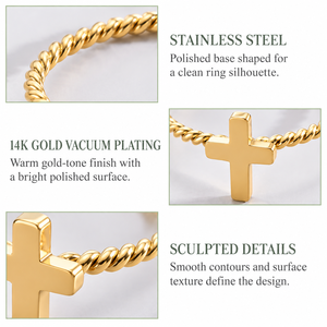 Cross Rope <b>Ring</b> <b>Stainless</b> <b>Steel</b> 14K Gold Vacuum Plated Twisted Band with Polished Cross Motif - Product Image 5