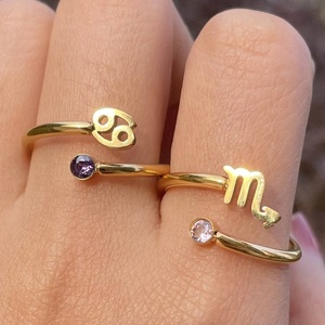 Moda Simple doce signo del zodiaco anillo personalizado moda Zircon piedra natal antideslustre Acero inoxidable anillo abierto joyería - Product Image 1