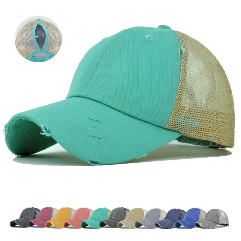 Fashion Plain Blank Baseball Cap With Mesh Ponytail Trucker Hats Vintage Worn-out Ponycap Women Custom Logo Distressed Dad Hats