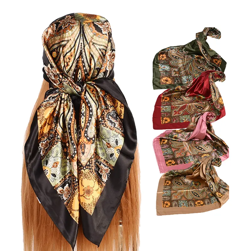 lady head silk satin scarf 90x90 luxury big square scarfs shawls hijab bandana with chain pattern for women latest designs