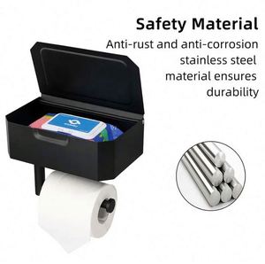 Porte-papier toilette moderne en acier inoxydable noir avec étagère, fixation murale, écologique, pour cuisine et salle de sport - Product Image 4