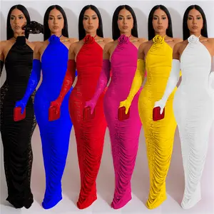 2024 New Design Latest Solid Color Hanging Neck Flowers Elegant Dresses 6 Colors Fashion Folded Long Sexy Dress For Women