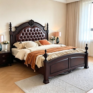New Arrival Ornate Floral Carved Dark Brown Diamond Tufted Leather Four Poster Solid Wood Bed with Carved Storage Nightstands - Product Image 6
