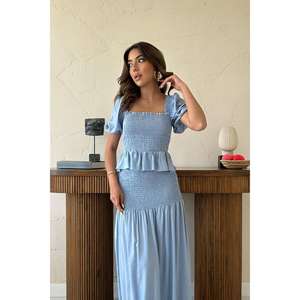 Ensemble de vêtements en lin bleu Gipeli pour femmes, manches courtes, style Prairie Chic, respirant, ensemble de robe deux pièces tendance - Product Image 3