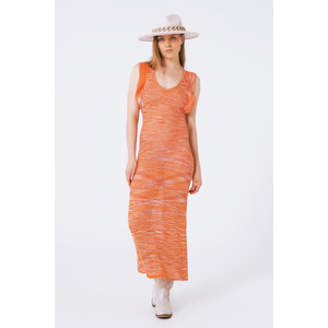 Abito Lungo Lavorato a Maglia con Volant sul Petto in Arancione Melange - Product Image 6