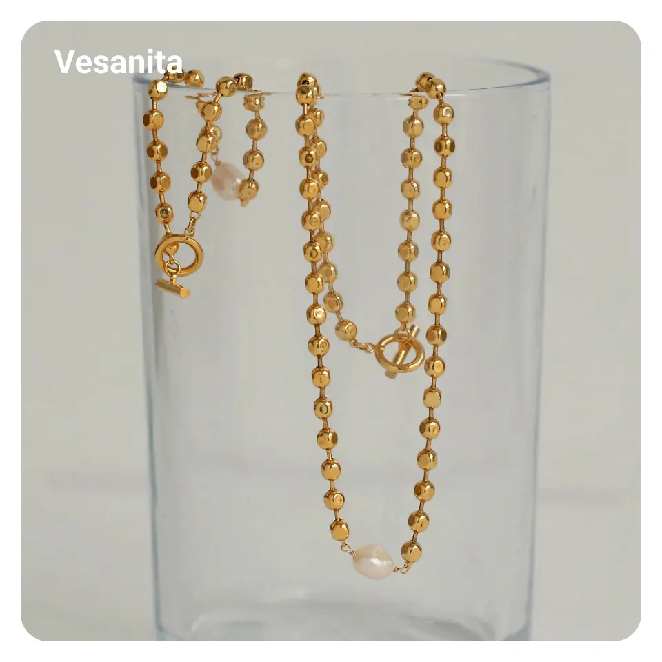 Vesanita Trendy Nieuwe Vintage Dames Hiphop Chunky Natuurlijke Parel 18K Verguld Messing Sieraden Bal Ketting Voor Vrouwen