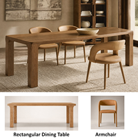 Ensemble de salle à manger rectangulaire en chêne massif de style moderne du milieu du siècle avec chaises en cuir caramel pour propriétés privées et projets résidentiels