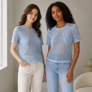 Elegante top in maglia traforata di <span class=keywords><strong>pizzo</strong></span> <span class=keywords><strong>blu</strong></span> da donna, a maniche corte, girocollo, vestibilità slim, stile coreano, camicetta estiva da pendolare - Product Image 1