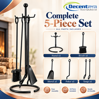 Ensemble d'outils de cheminée noir mat avec support à base circulaire, brosse, pique, pinces, pelle, crochets et embout décoratif