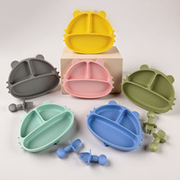 Ensemble d'alimentation 3-en-1 : fourchette, cuillère, accessoires pour bébé, assiette à ventouse en silicone avec compartiments, compatible micro-ondes, pour enfants