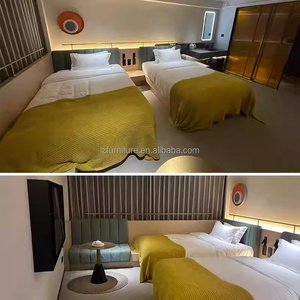Compact Hotel Apartment Bedroom Furniture Twin Beds With Nightstands <b>Side</b> <b>Table</b> Seating & Desk Combo for Small Guest Rooms - Product Image 2