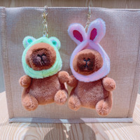 Porte-clés en peluche Capybara de dessin animé avec chapeau d'animal, pendentif doux et mignon grenouille et lapin à capuche pour breloque de sac
