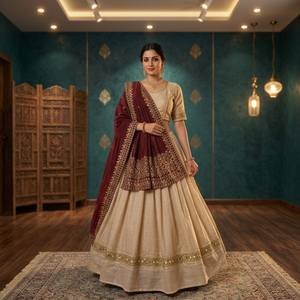   Lehenga Choli Tradicional para Mujer con Conjunto de Dupatta Bordado en Color Granate para Bodas y Festivales Indios - Product Image 3