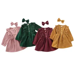 Ivy83470A-vestido de pana para niñas, ropa de encaje con volantes, manga larga, con lazo de pelo liso