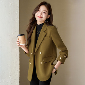 Women's Woolen Blazer Red Double Breasted Solid Color Casual Office Wear - Product Image 4