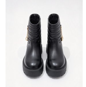 Bottes à plateforme épaisse en cuir verni pour femmes, mi-mollet, bout rond, à enfiler, automne, PU noir - Product Image 2