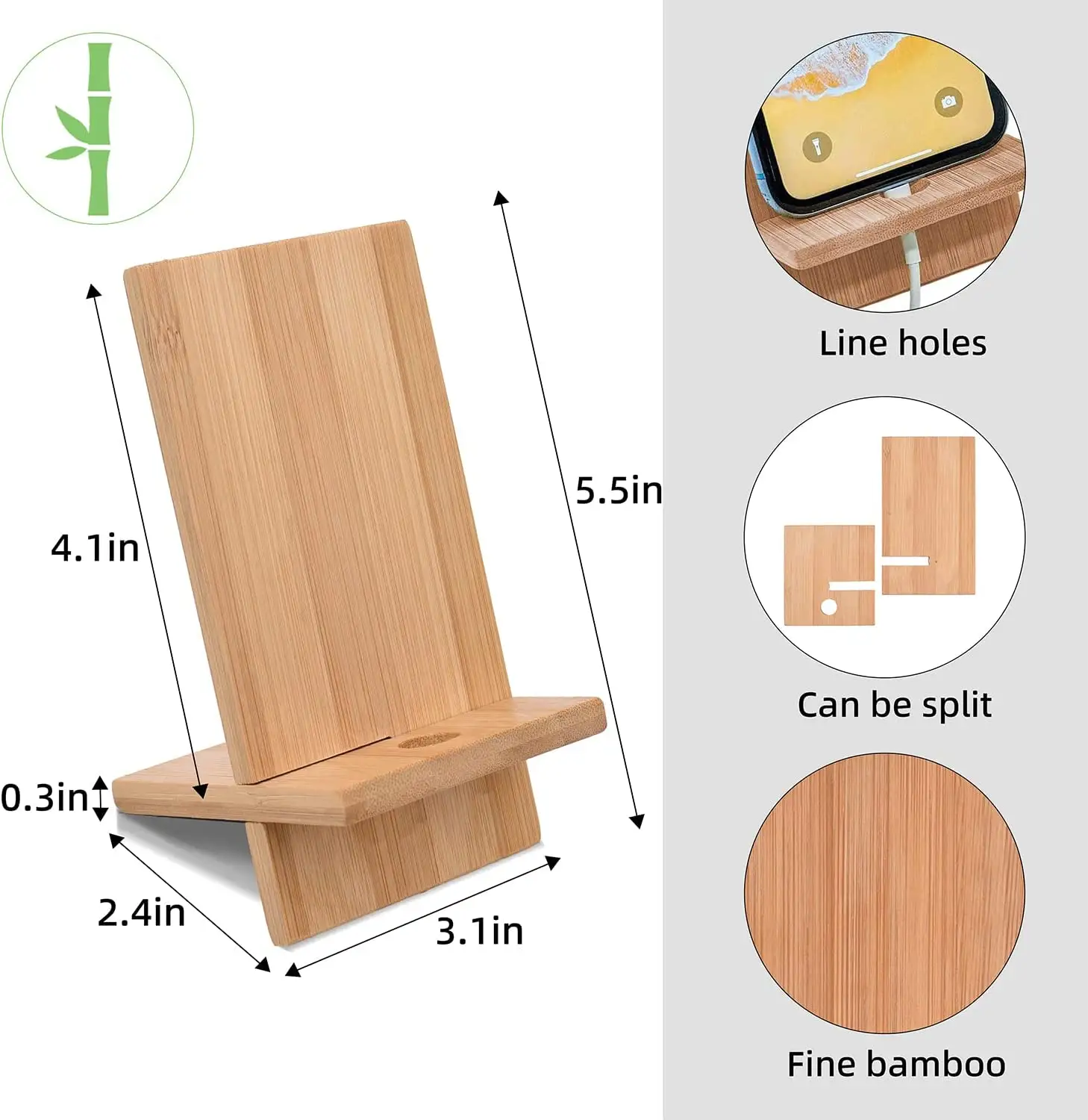 Support de téléphone portable en bambou naturel avec trou de charge, support de téléphone portable en bois détachable pour support de tablette de bureau