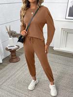 Ensemble deux pièces pour femme, haut à col rond à manches longues et pantalon de jogging à cordon de serrage, tenue de survêtement décontractée unie HX6479